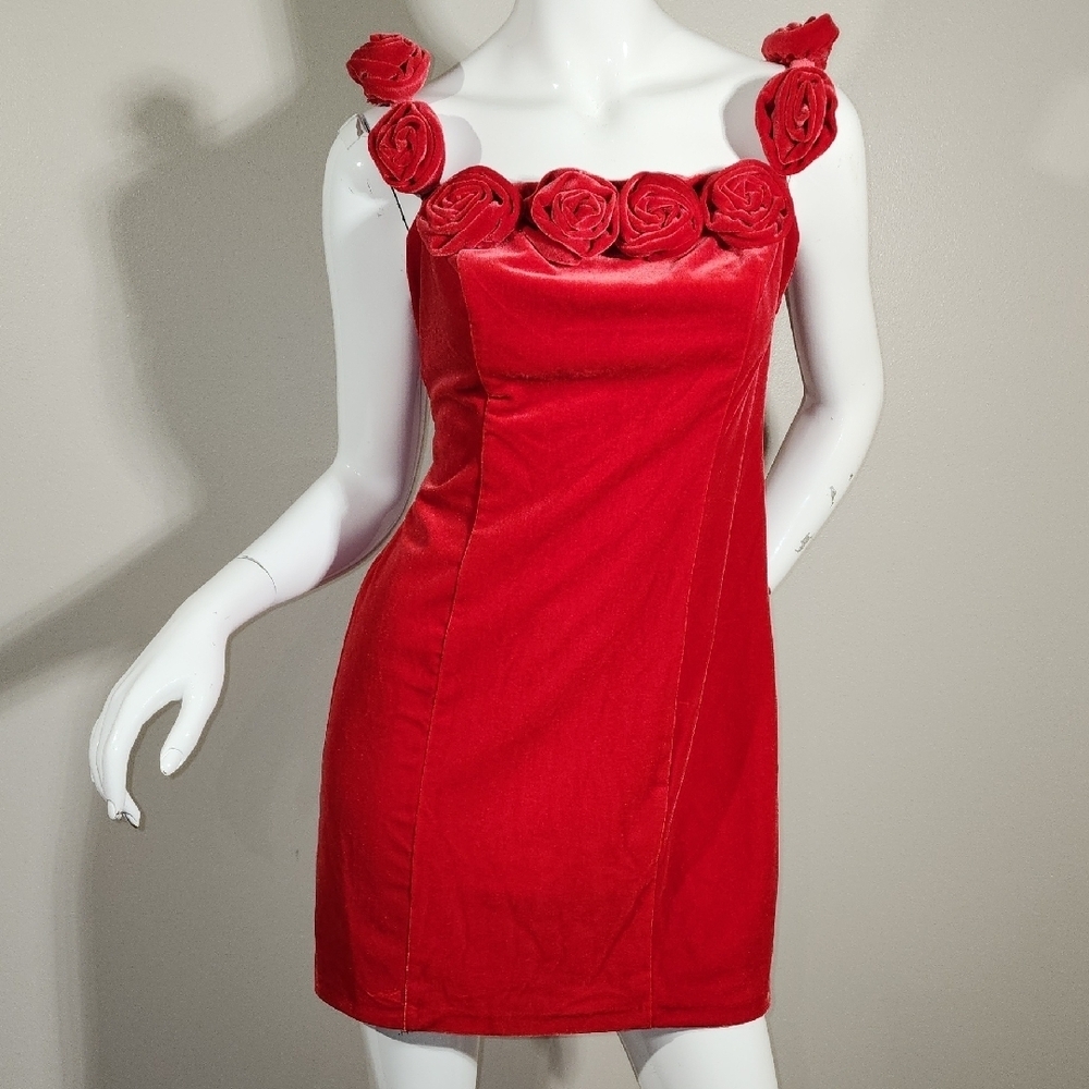 Avec Les Filles Red Rose-Adorned Mini Dress